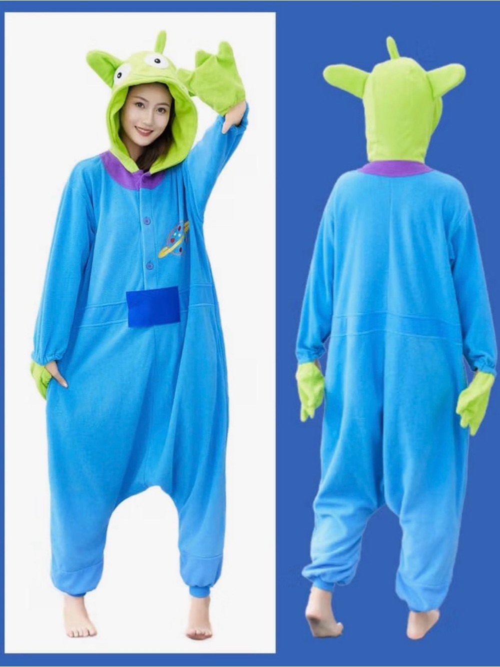 Toy Story Alien Costume Unisex Adult Large Blue and Green Alien One-Piece Hoodie